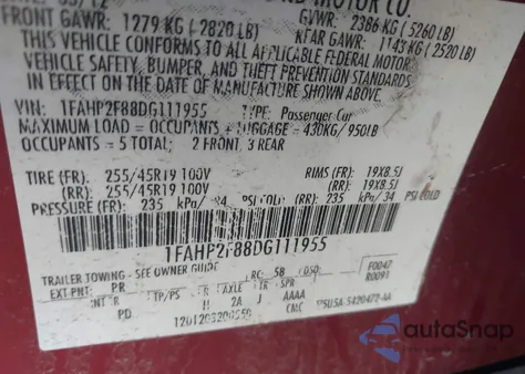 2013 Ford Taurus Limited from USA, damaged, VIN 1FAHP2F88DG111955